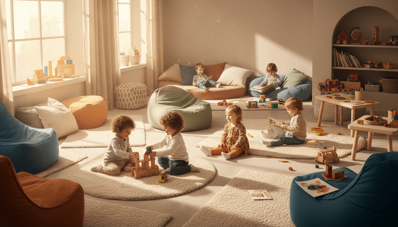Bright, inviting playroom at Tiny Pines Childminding with warm natural lighting and cozy seating areas