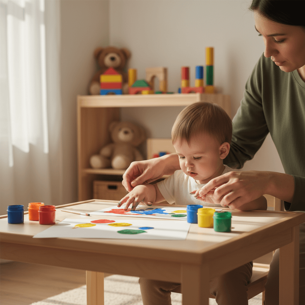 Caregiver supporting children during learning activity with warm, attentive engagement