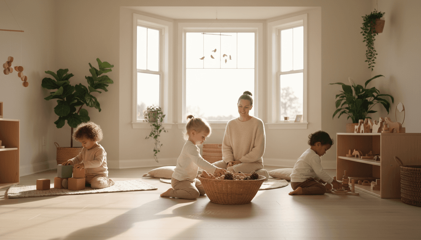 Warm, inviting childminding room with soft furnishings, natural light, and colorful play areas