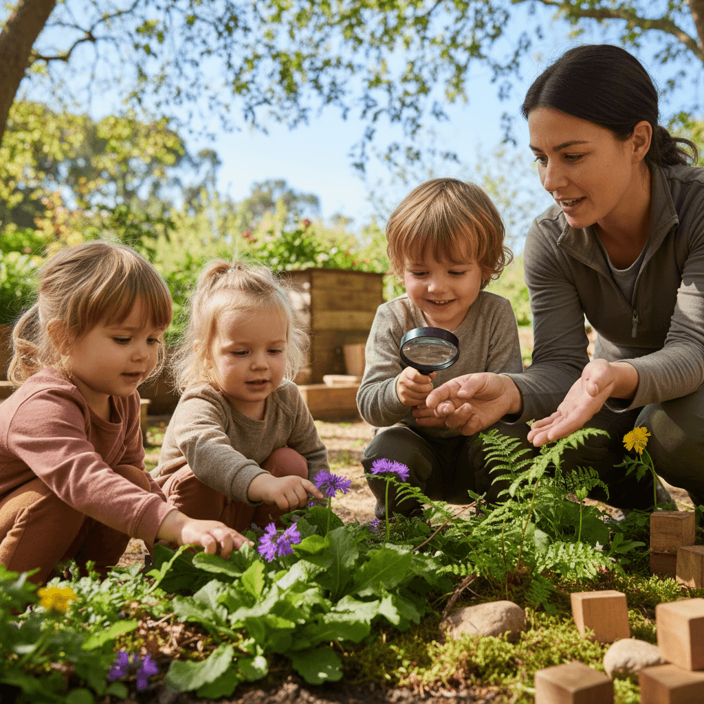 Children exploring outdoors during outdoor play and nature activities
