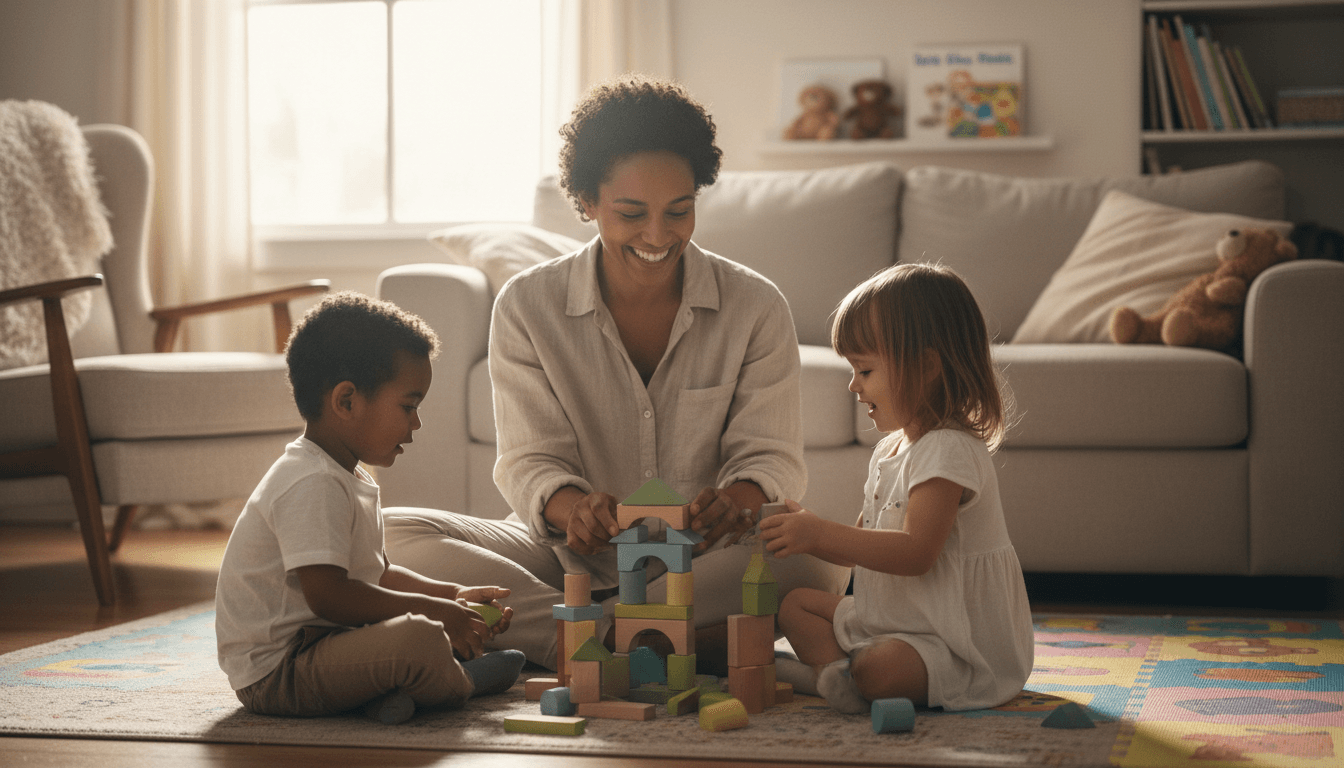 Cozy home-from-home childminding space with warm lighting and comfortable furnishings