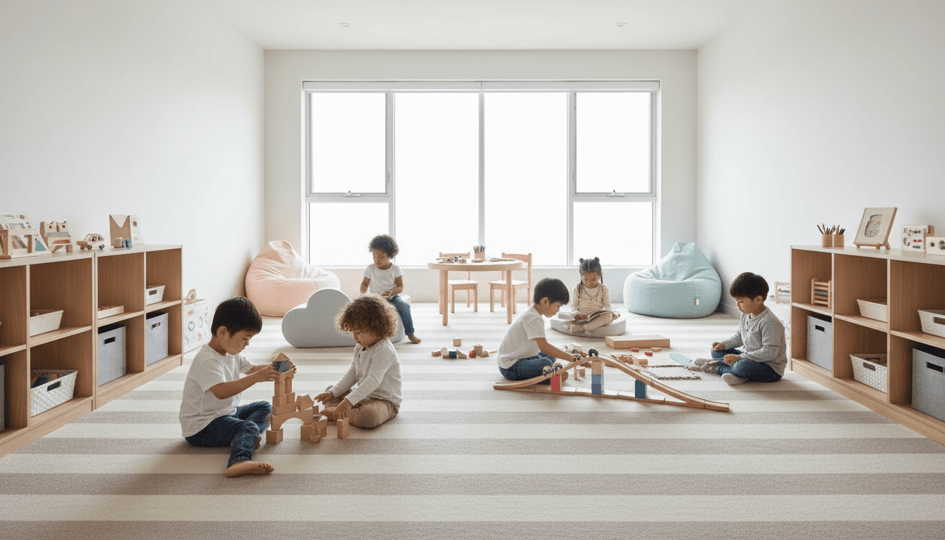 Warm home setting with children playing during full-day care
