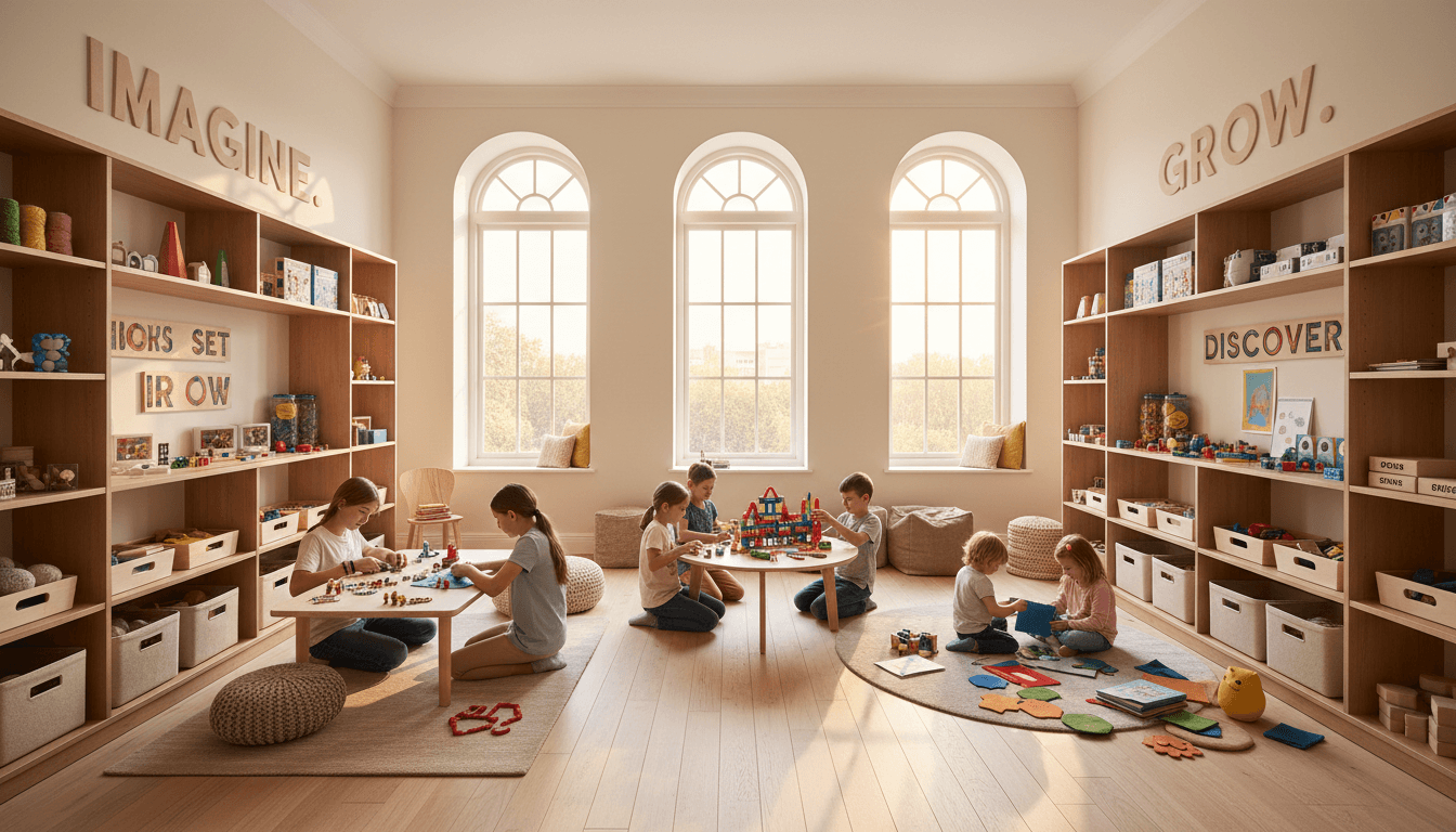 Warm, sunlit playroom at Tiny Pines Childminding with children enjoying messy play and sensory activities in a cozy home setting
