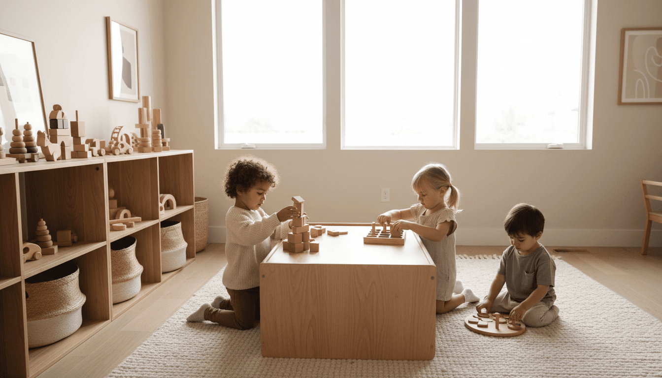 Children engaged in learning activities in bright, colorful childcare environment
