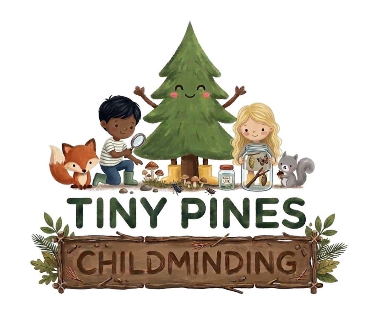Logo for Tiny Pines Childminding featuring children, forest animals, and a smiling pine tree.