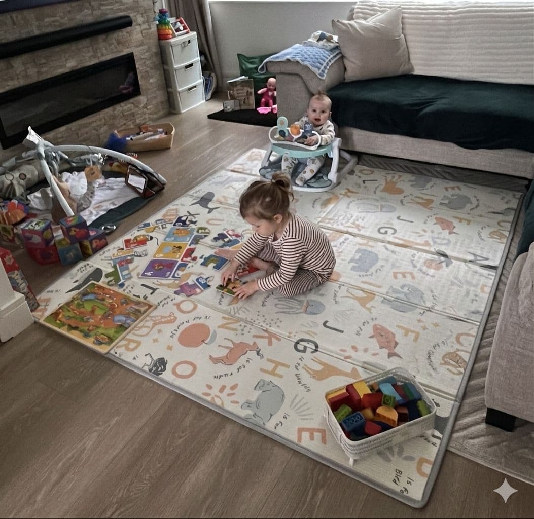 Toddler girl plays with puzzles on an alphabet mat with a baby in a walker.